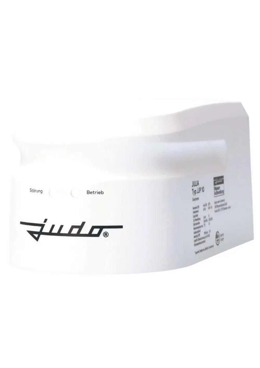 Weißes Kunststoffgehäuse mit Logo "Judo" und Betriebsanzeigen. Produktinformation befindet sich auf der Seite.